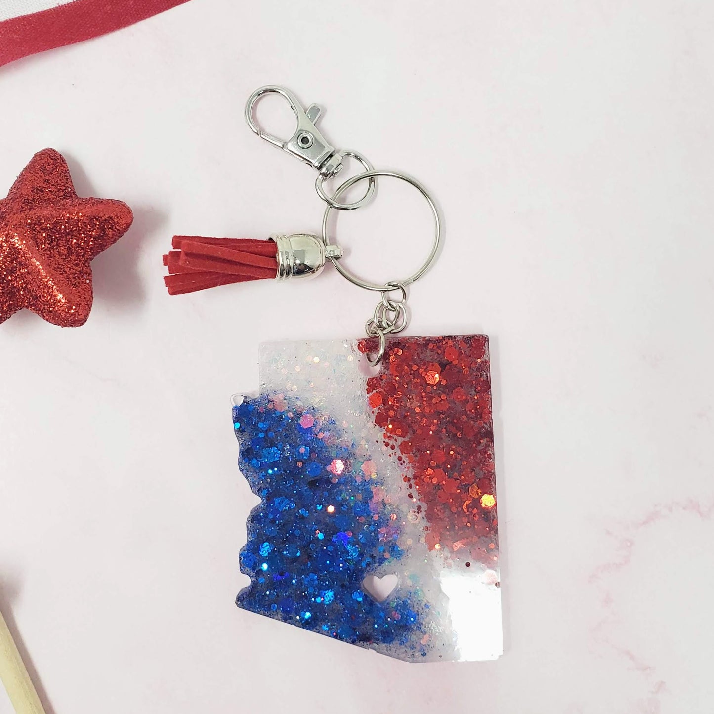 Red White and Blue Arizona shape glitter keychain