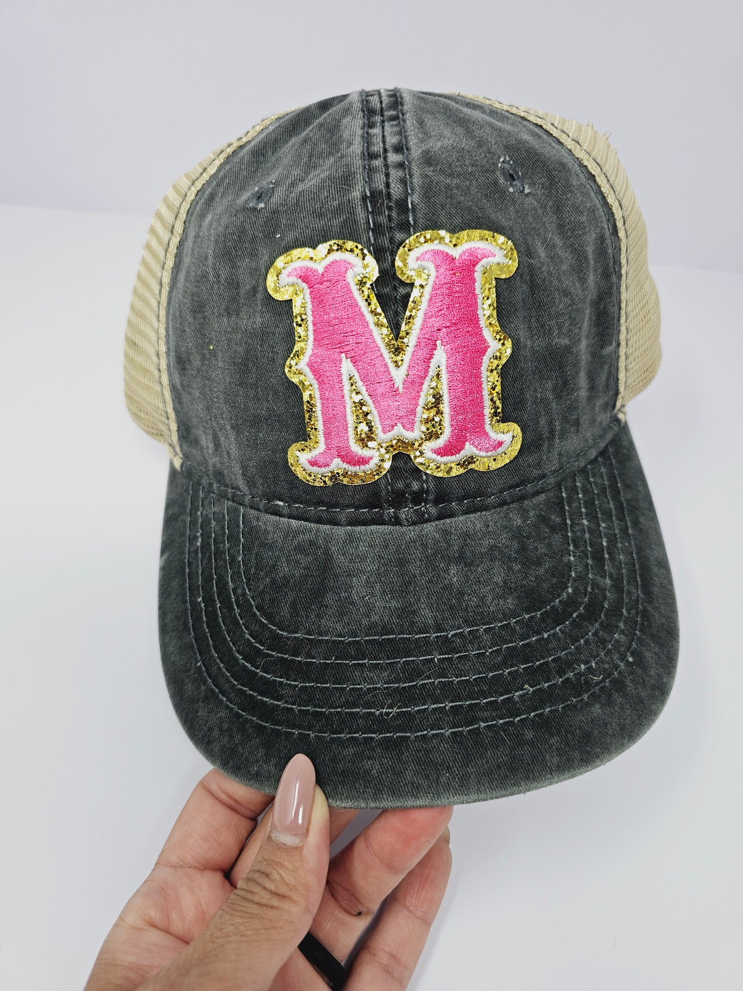 Pink glitter monogram trucker Hat