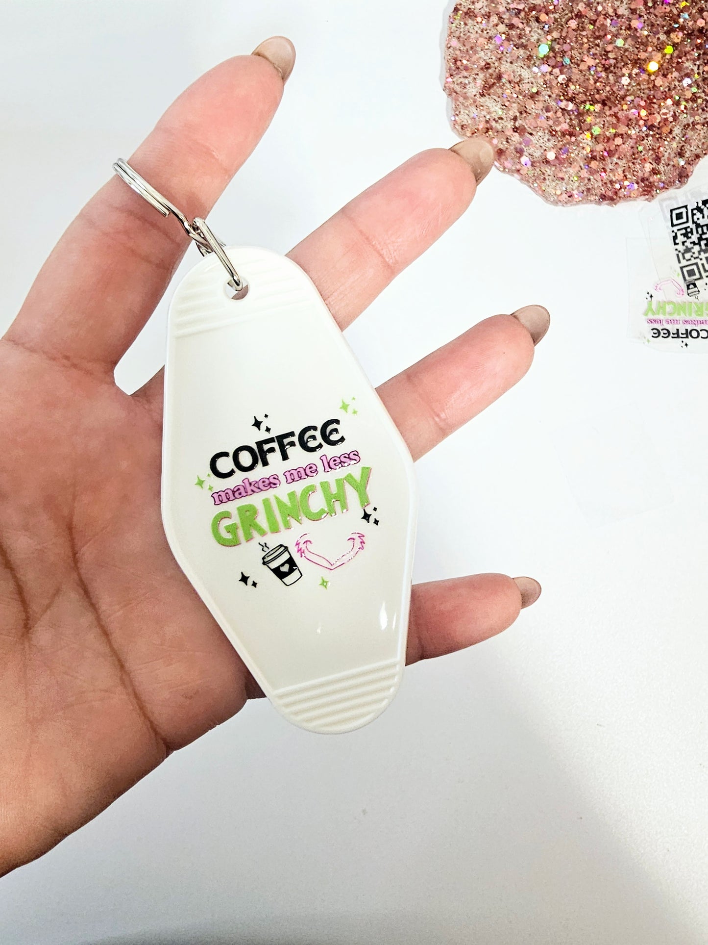 Coffee makes me less grinchy Motel style keychains