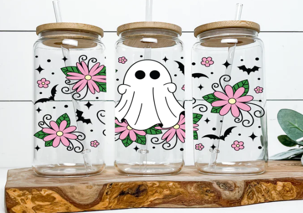 Floral Cute Ghost Glass Cup 16oz