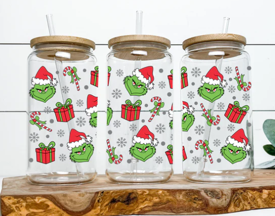 Grinchy Christmas and presents glass cup 16oz