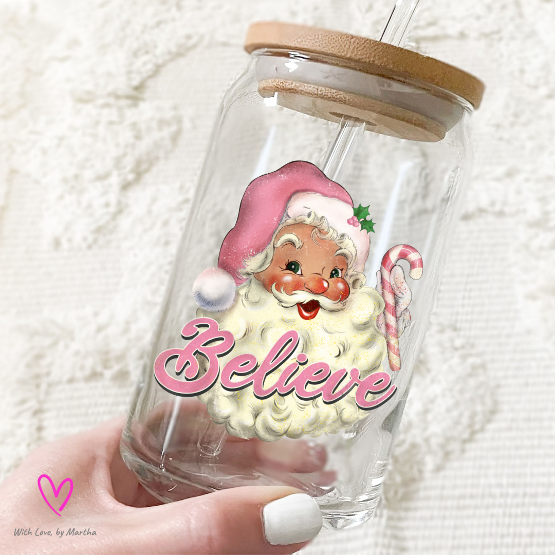 Believe Santa (Pink) Christmas Glass Cup 16oz