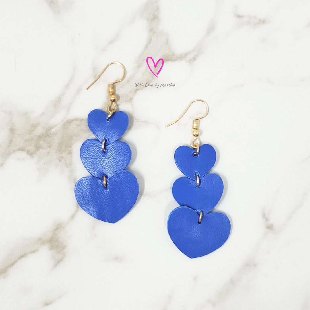 Royal Blue vegan leather hearts teardrop earrings