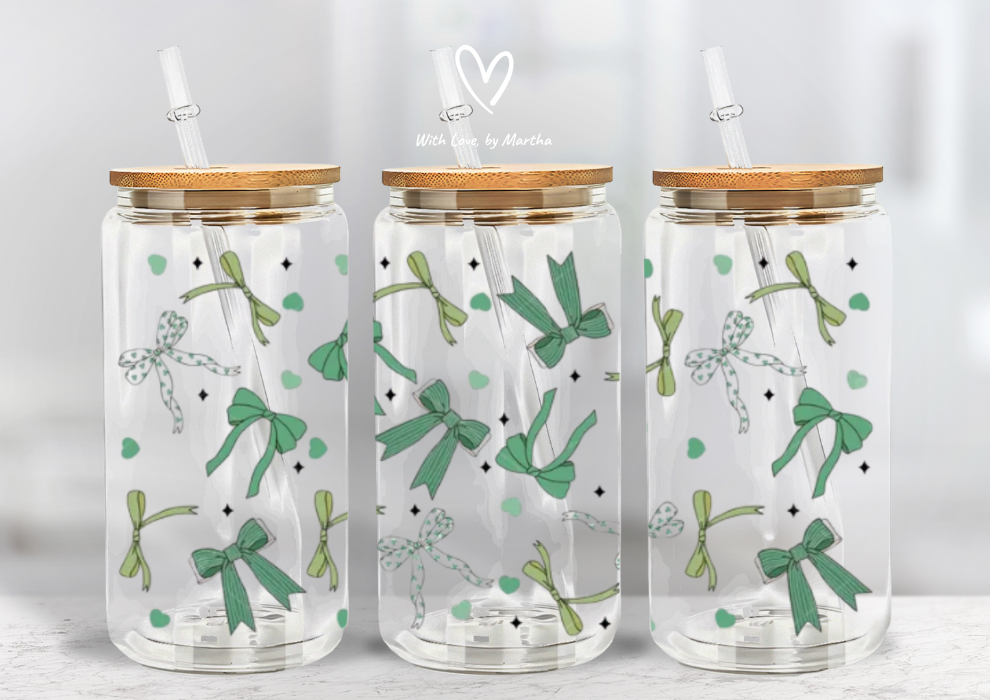 Green lucky shamrock bows st patty's ☘️ Glass cup 16oz