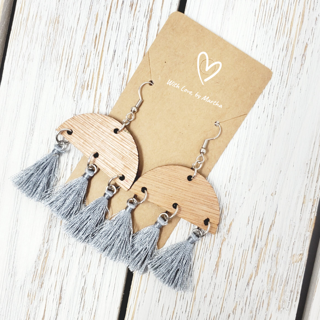 Gray Fringe tassles wood dangle earrings