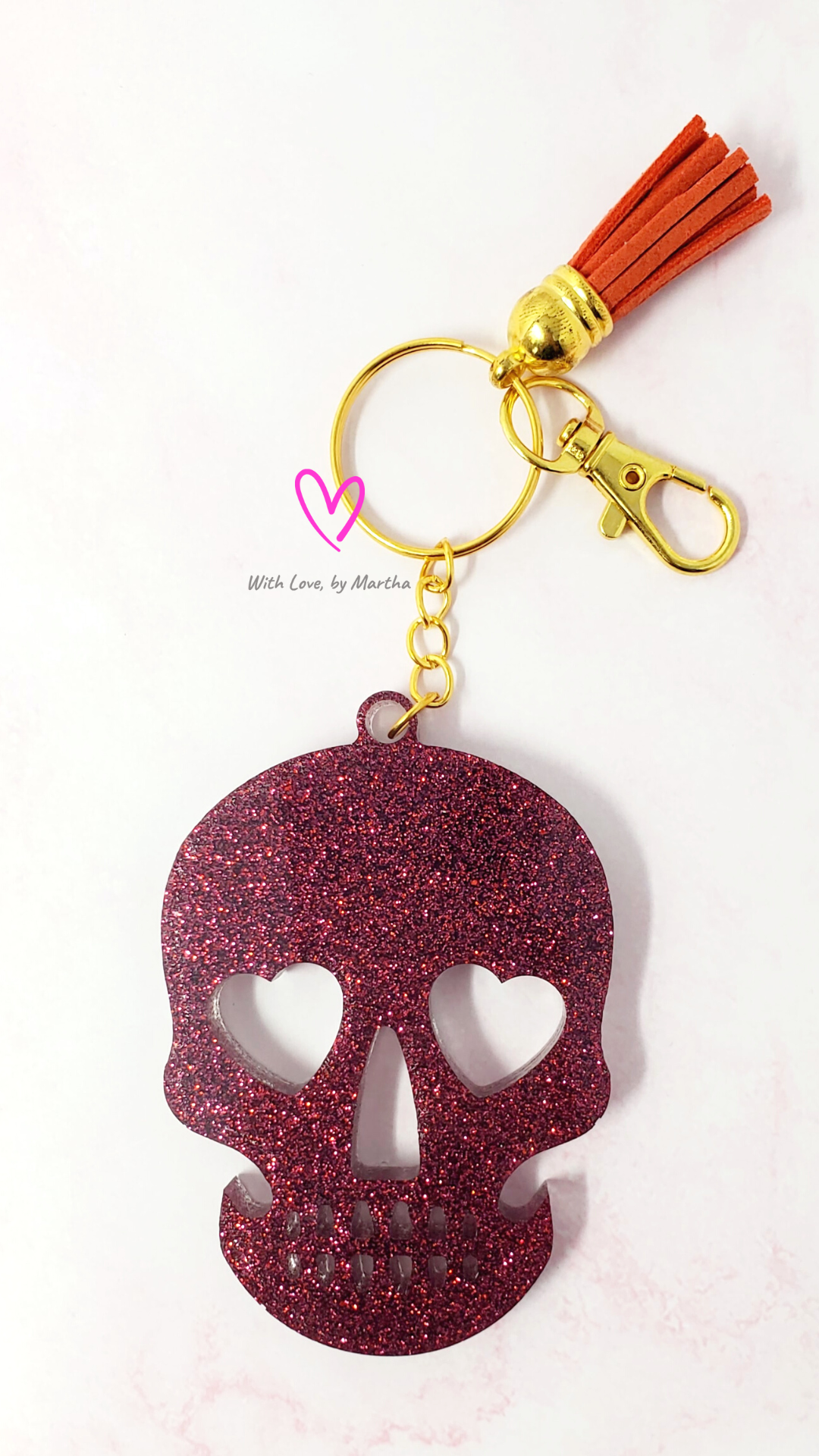 Maroon glitter sugar skull keychain