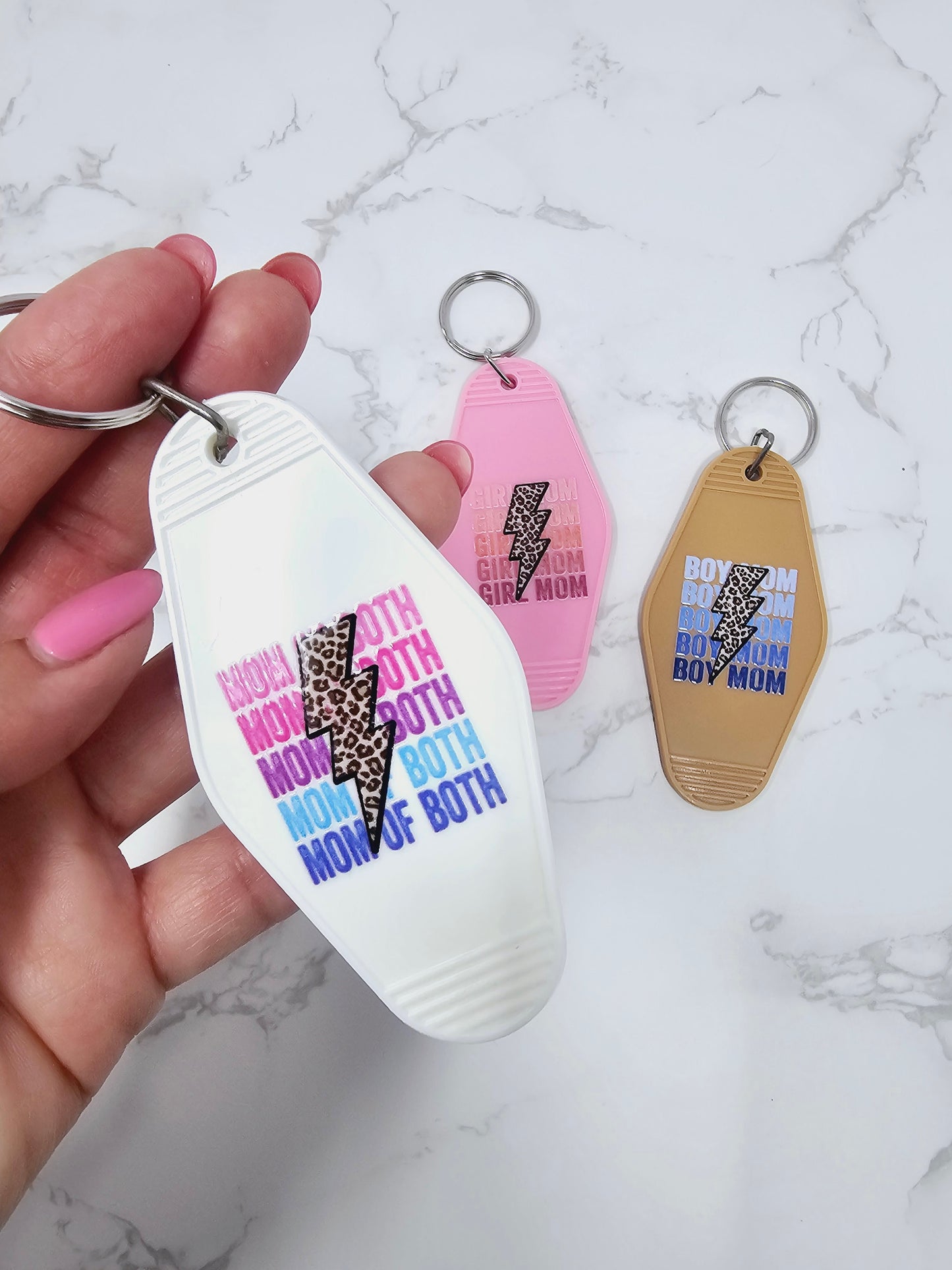 "Boy Mom," "Girl Mom" and "Mom of both"Motel style keychains