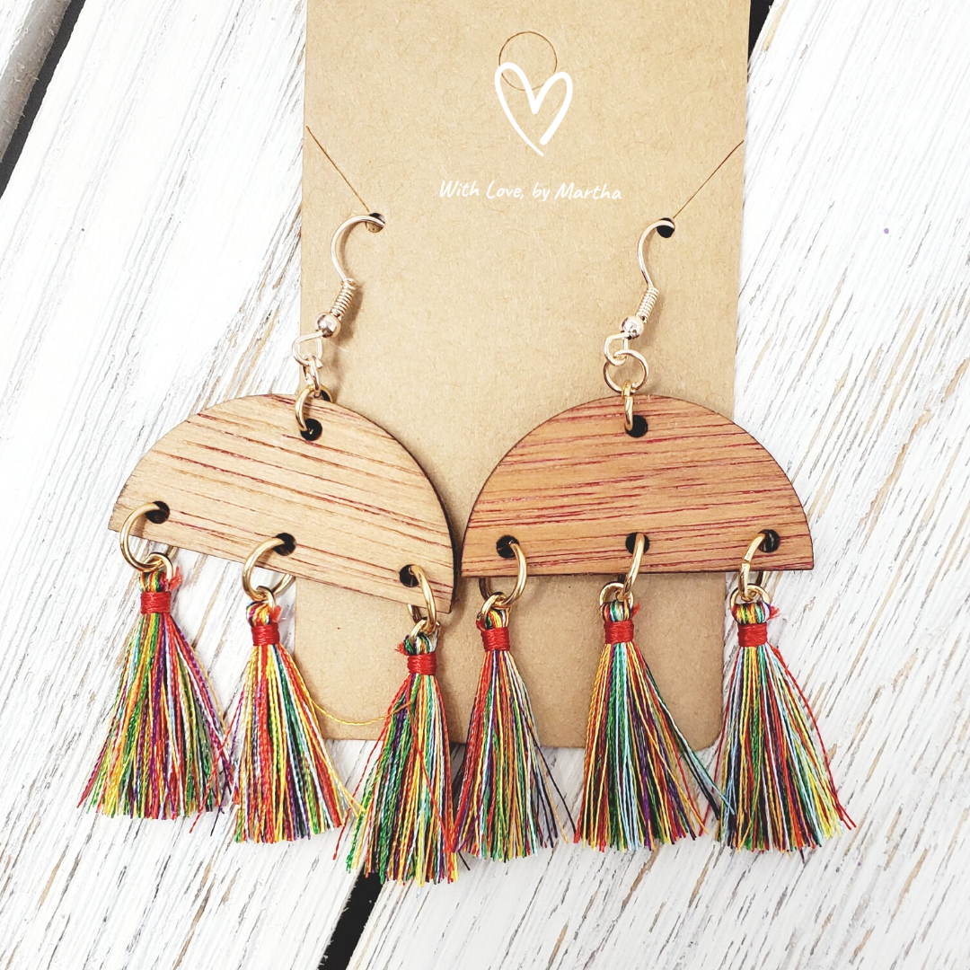 Multicolor Fringe tassles wood dangle earrings