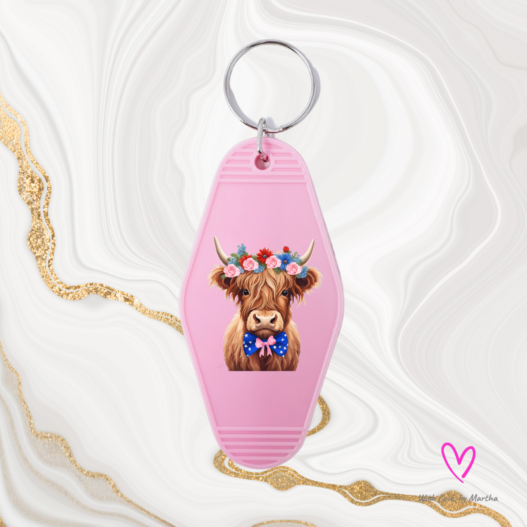 Patriotic Highland Cow Motel Keychain