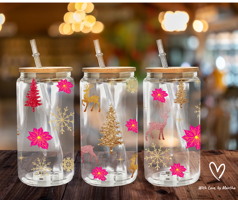 Pink & Gold Glitter Christmas Glass Cup 16oz