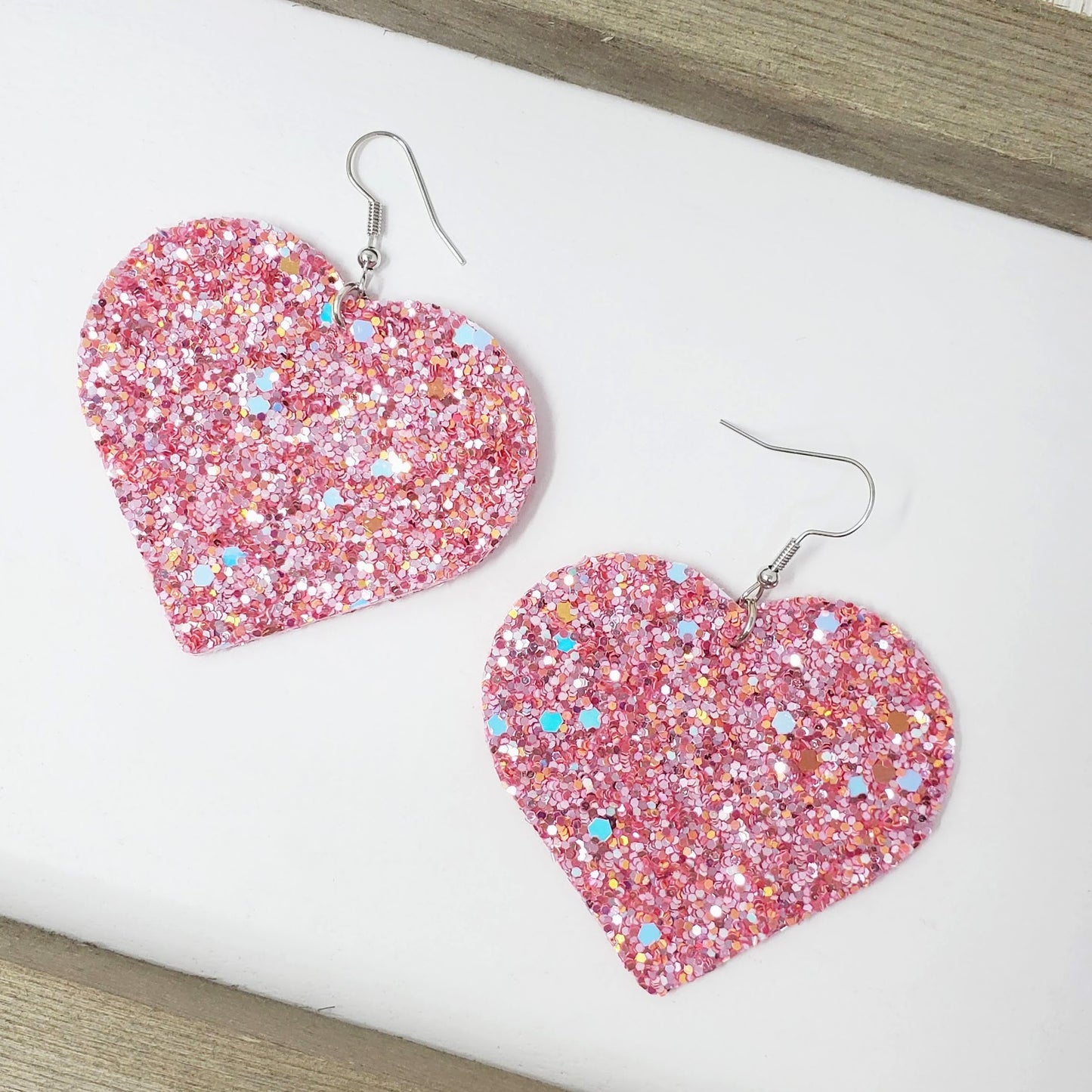 Glittery Hearts Earrings- Pink