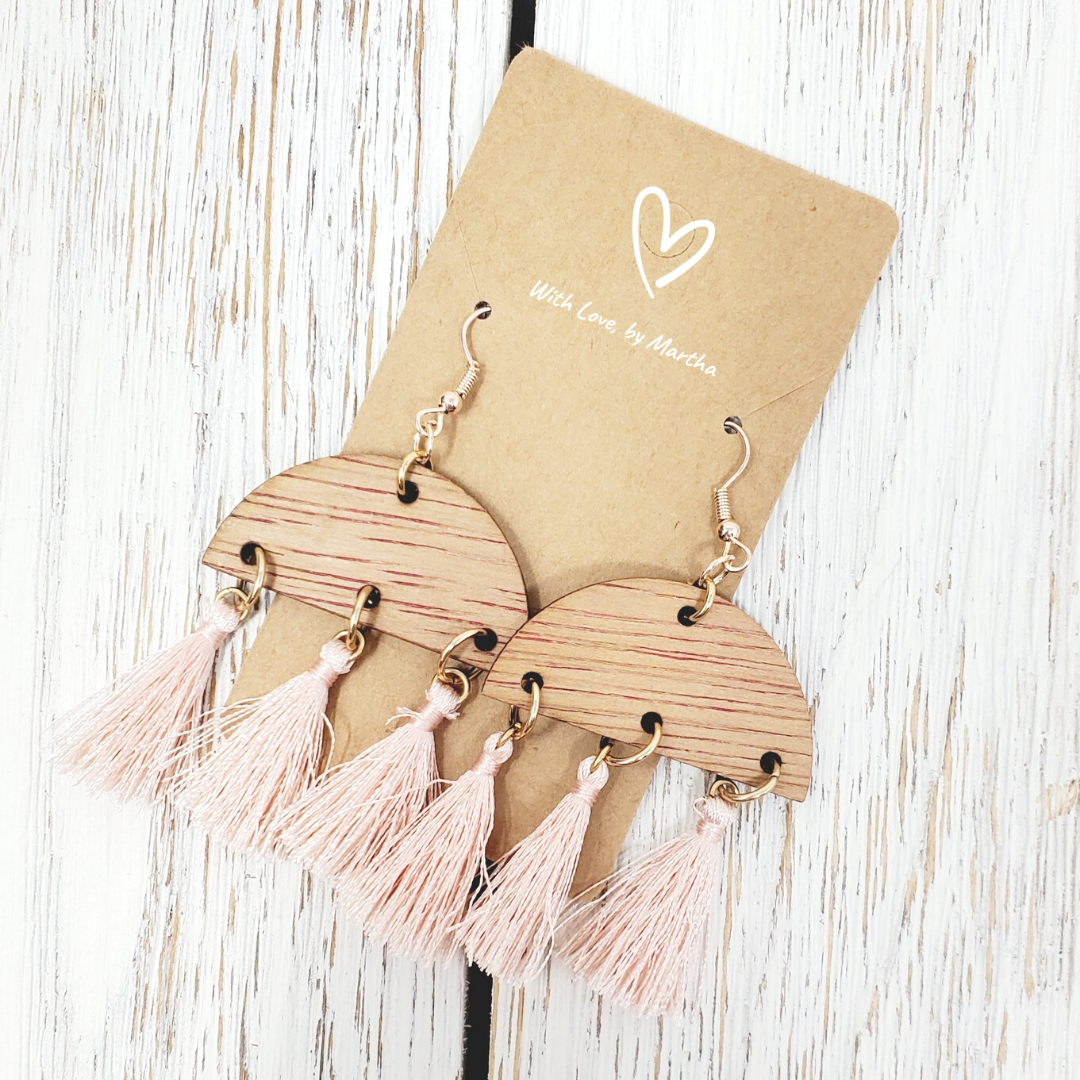 Pink Fringe tassles wood dangle earrings