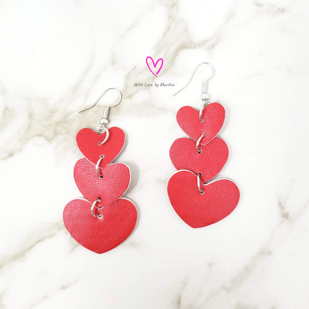Red vegan leather hearts teardrop earrings