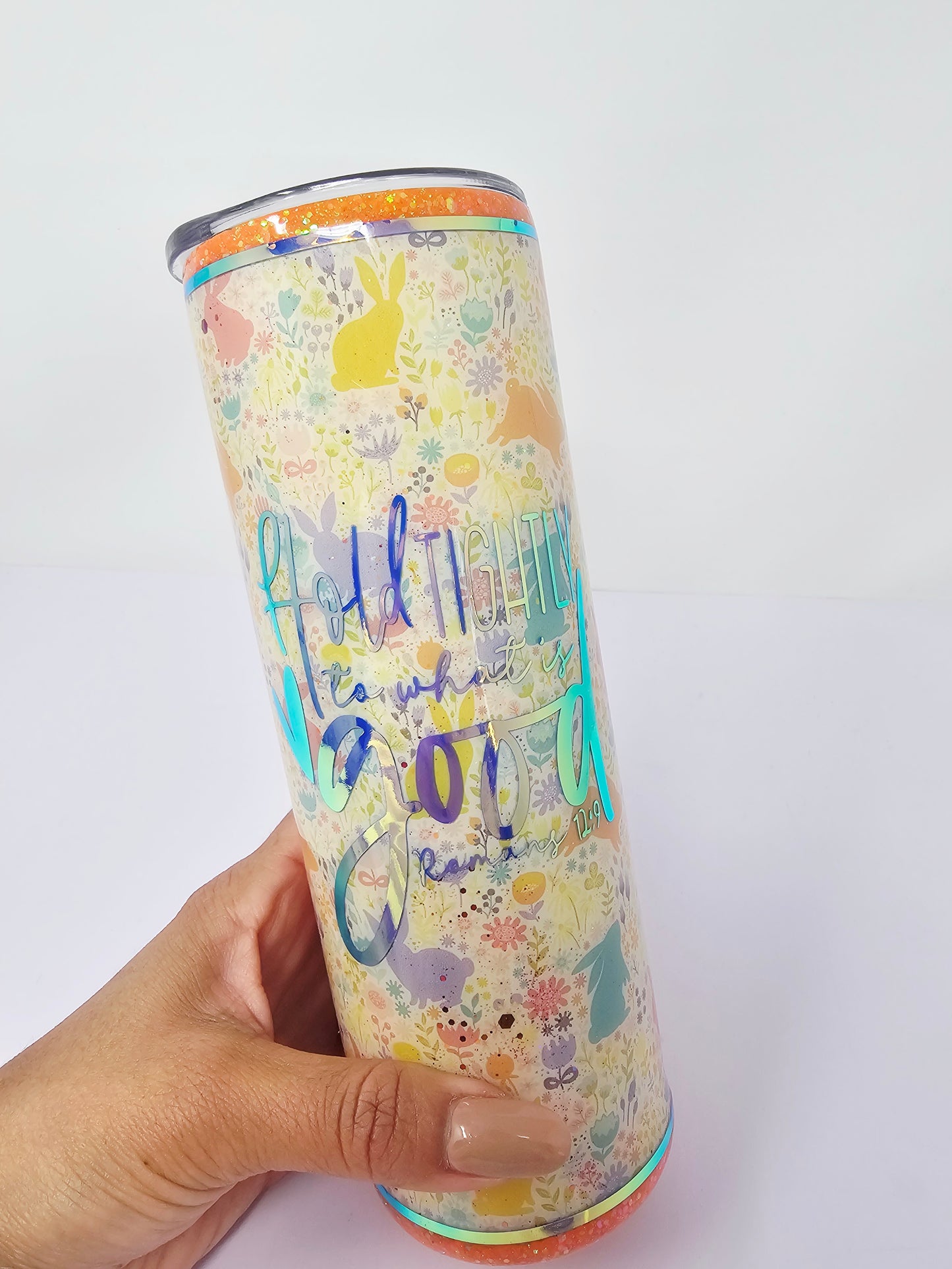 Hold Tightly to what is good Romans 12:9 glitter tumbler 20oz