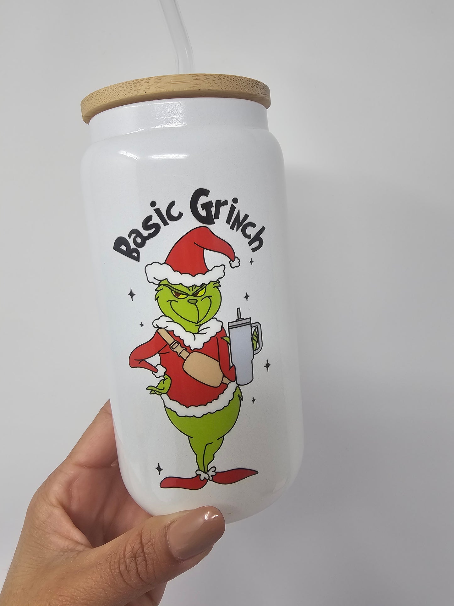 Basic Grinch white Glass Cup 16oz