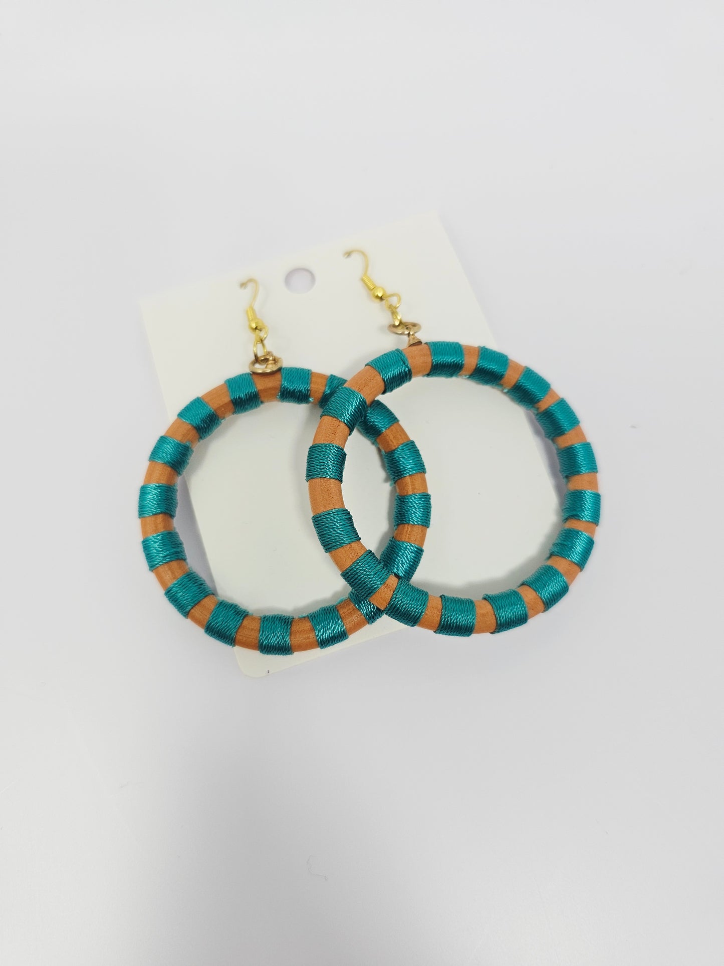 Teal String wooden hoop earrings