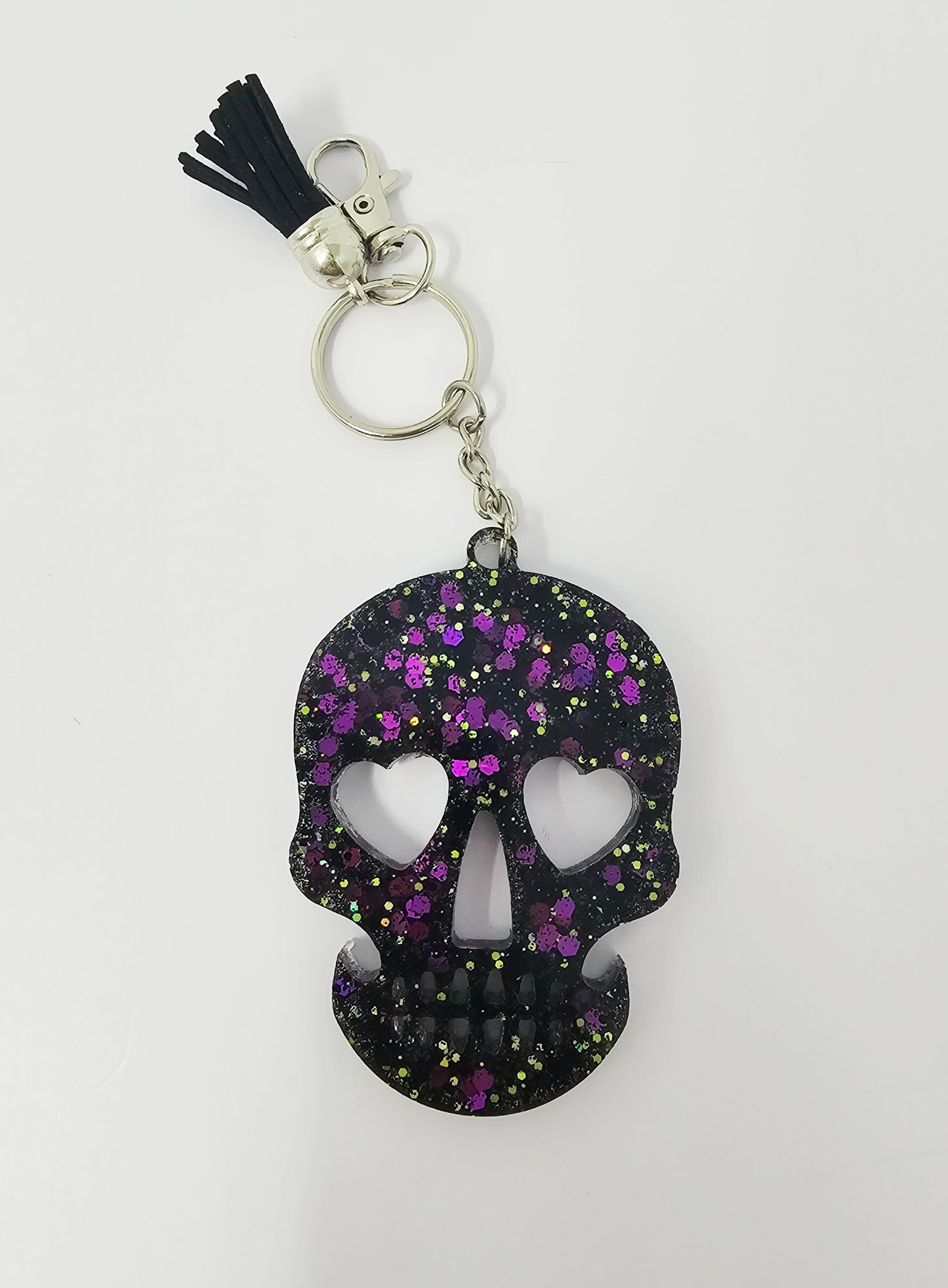 Black Purple glitter sugar skull keychain