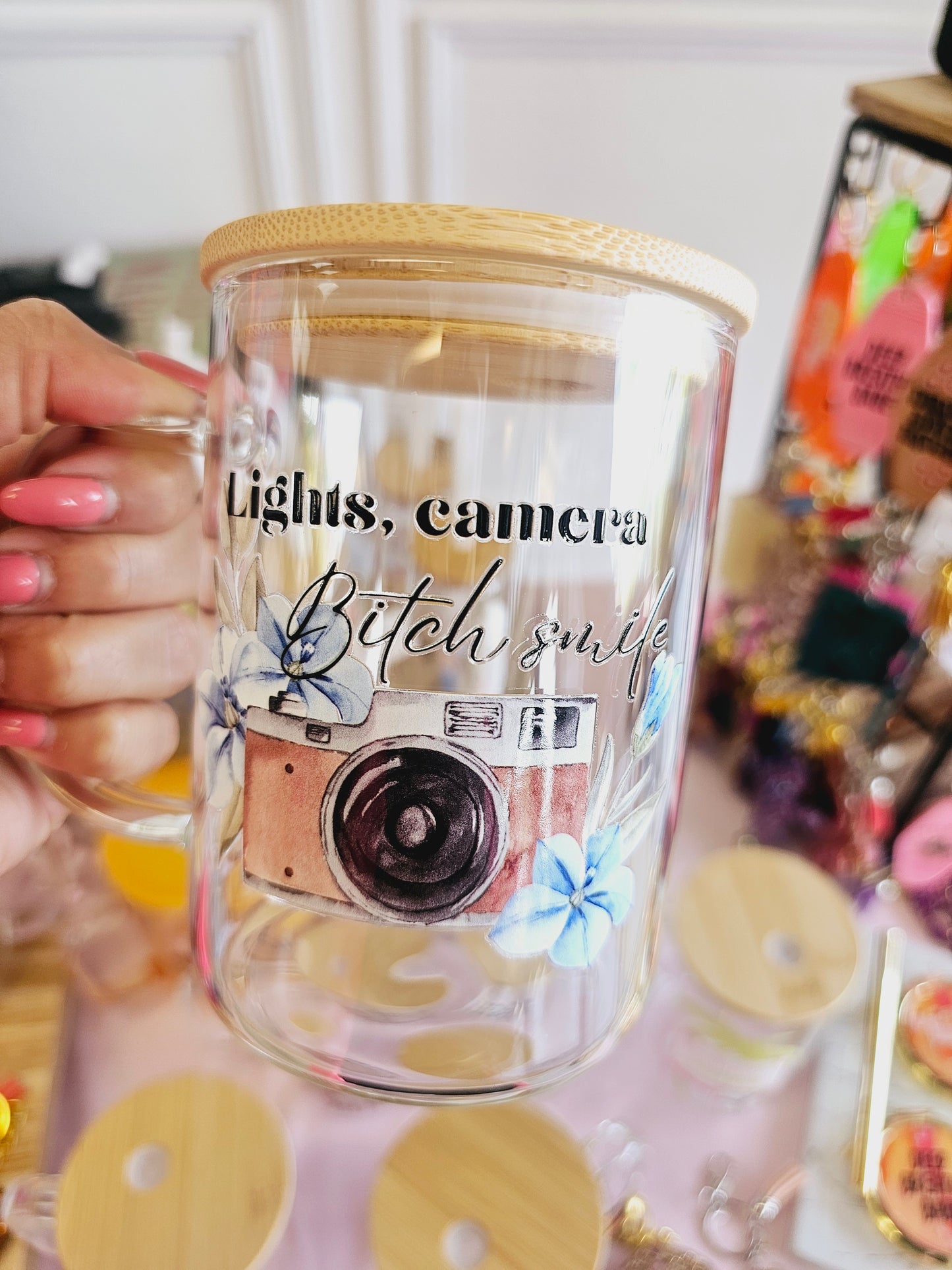 Lights, Camera, Bitch smile glass Mug 16oz