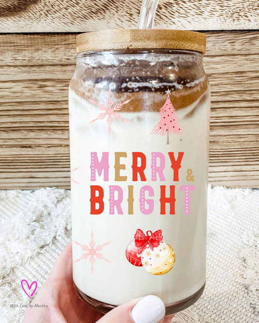 Merry & Bright Pink Christmas Glass Cup 16oz