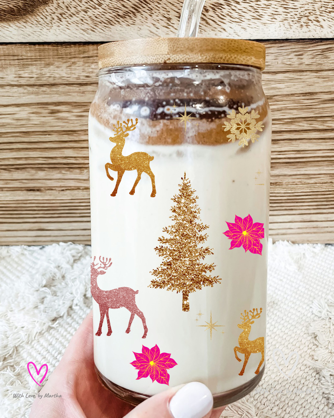 Pink & Gold Glitter Christmas Glass Cup 16oz