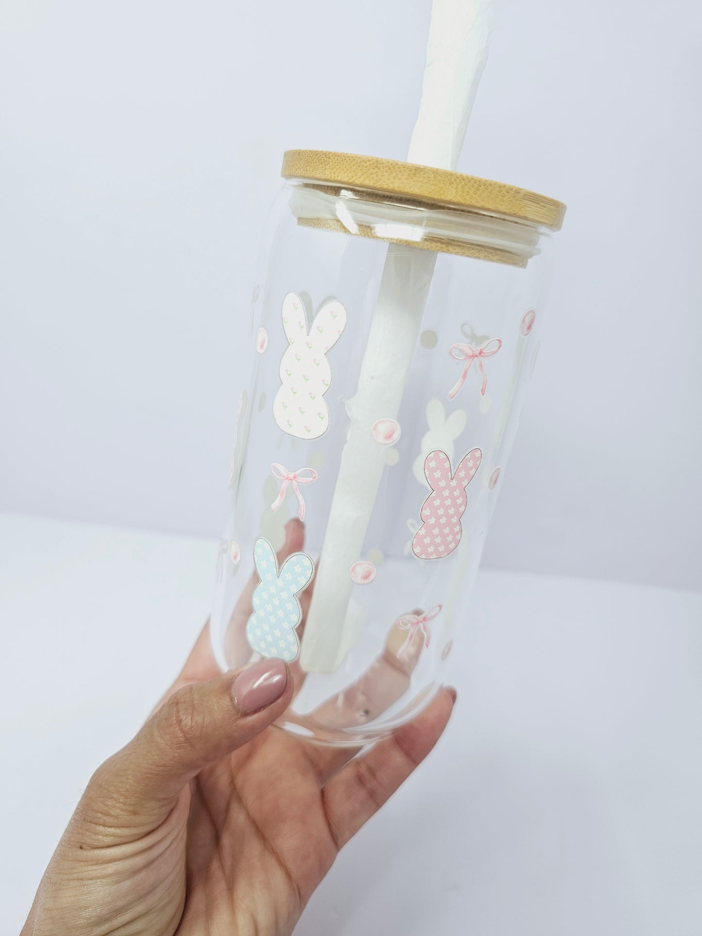 Pastel Bunnies and Bows 🎀 Glass cup 16oz