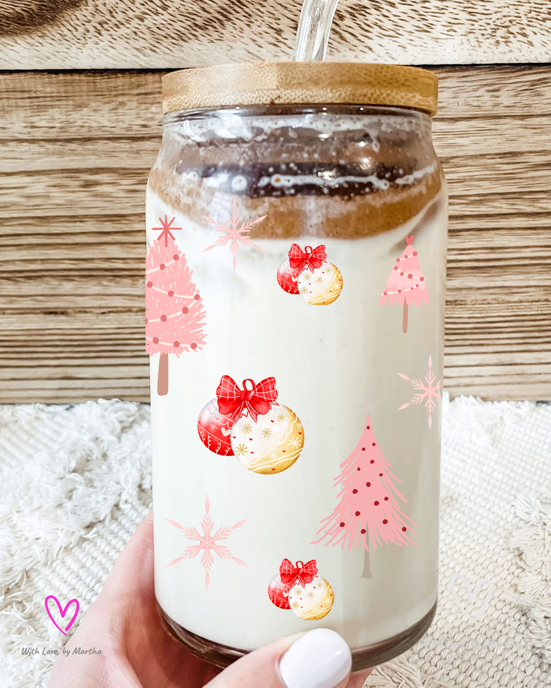 Merry & Bright Pink Christmas Glass Cup 16oz