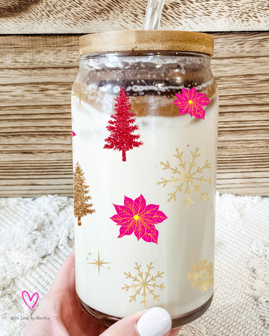 Pink & Gold Glitter Christmas Glass Cup 16oz