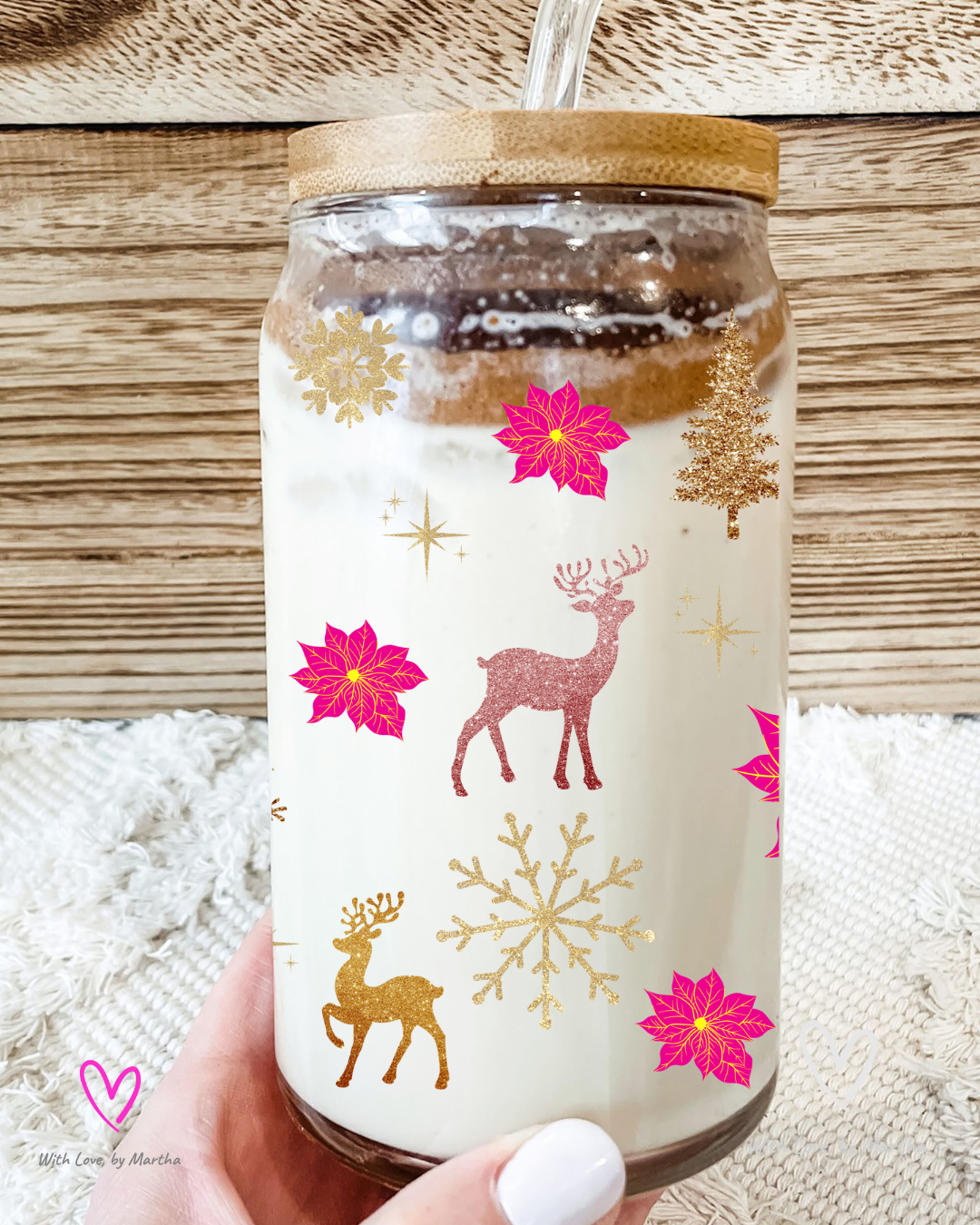 Pink & Gold Glitter Christmas Glass Cup 16oz