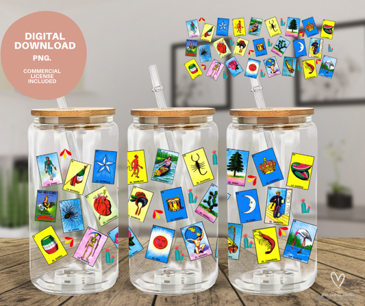 Mexican Loteria Game 16oz Libbey Glass Can Wrap PNG- Digital Download