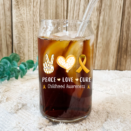 Peace Love Cure Childhood Cancer Awareness Glass Cup