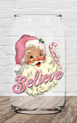 Believe Santa (Pink) Christmas Glass Cup 16oz