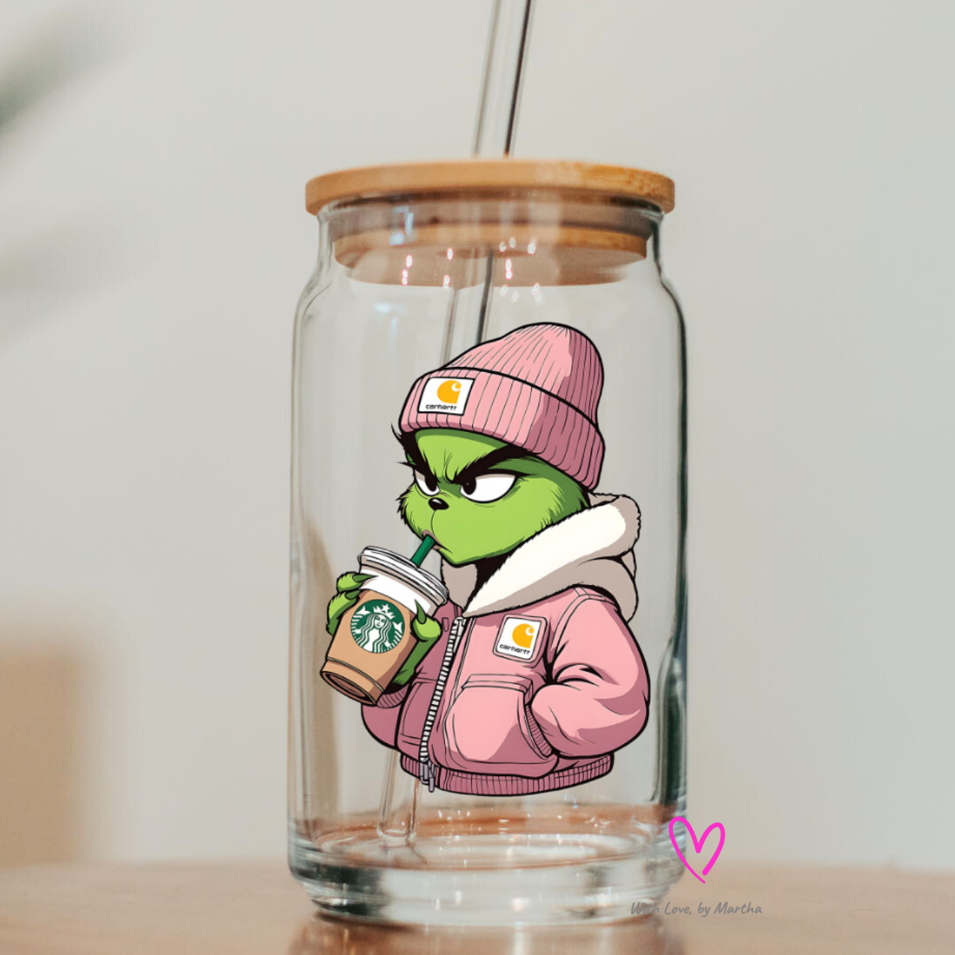 Grinchy Puff jacket coffee Glass Cup 16oz