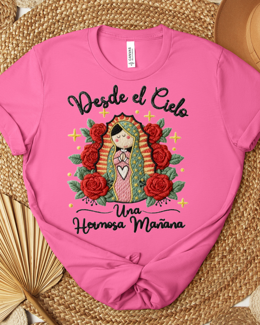 Desde El Cielo una hermosa manana Virgencita (faux embroidery design) T-Shirt