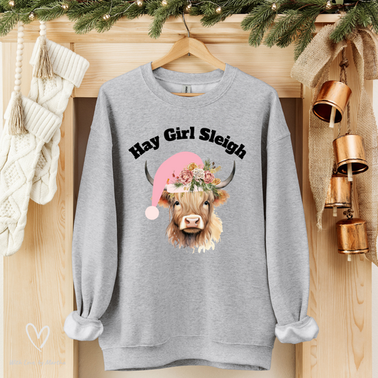 Hay Girl Sleigh Highland Cow Christmas Crewneck Sweatshirt