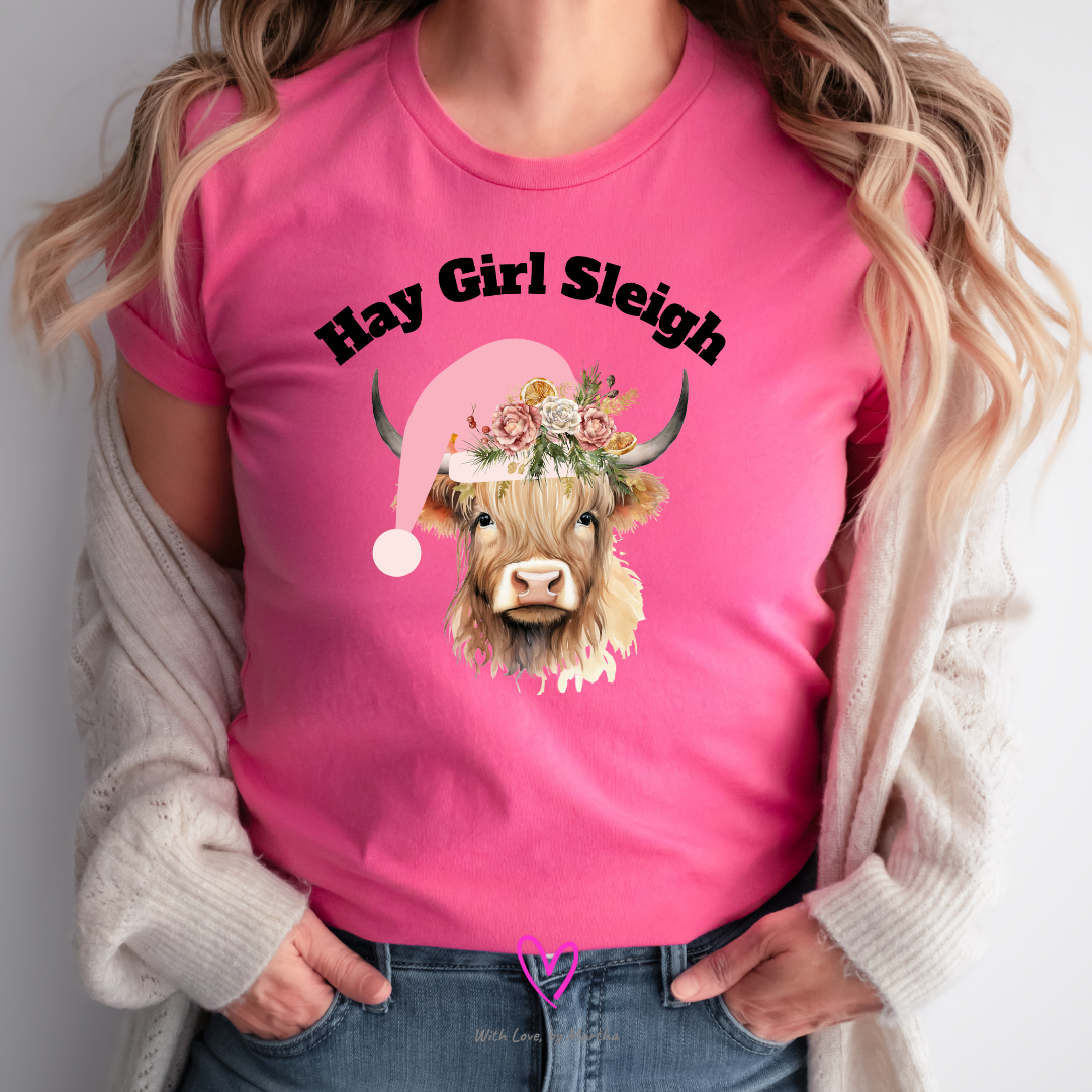 Hay Girl Sleigh Highland Cow Christmas T-Shirt