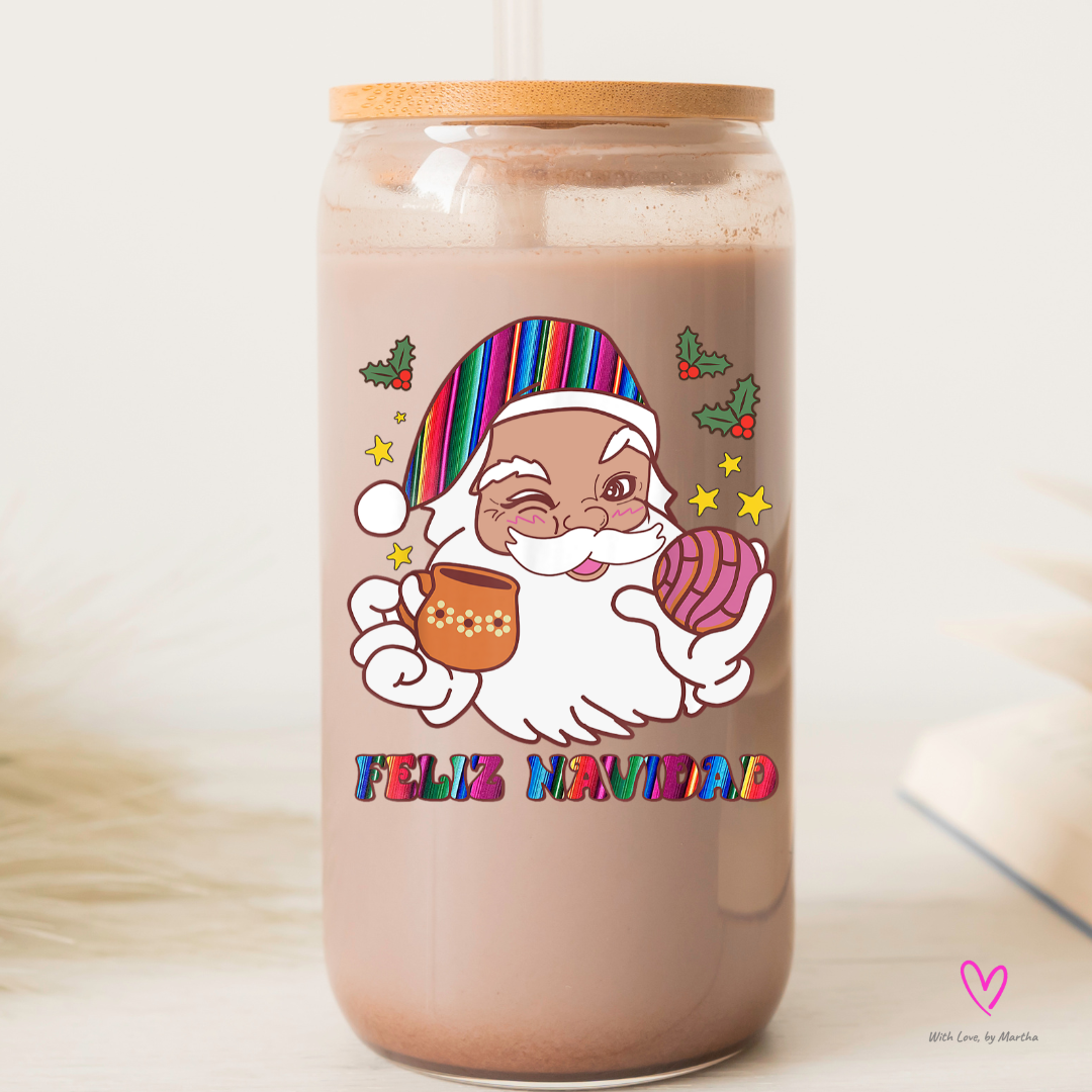 Feliz Navidad Mexican Santa Glass cup 16oz