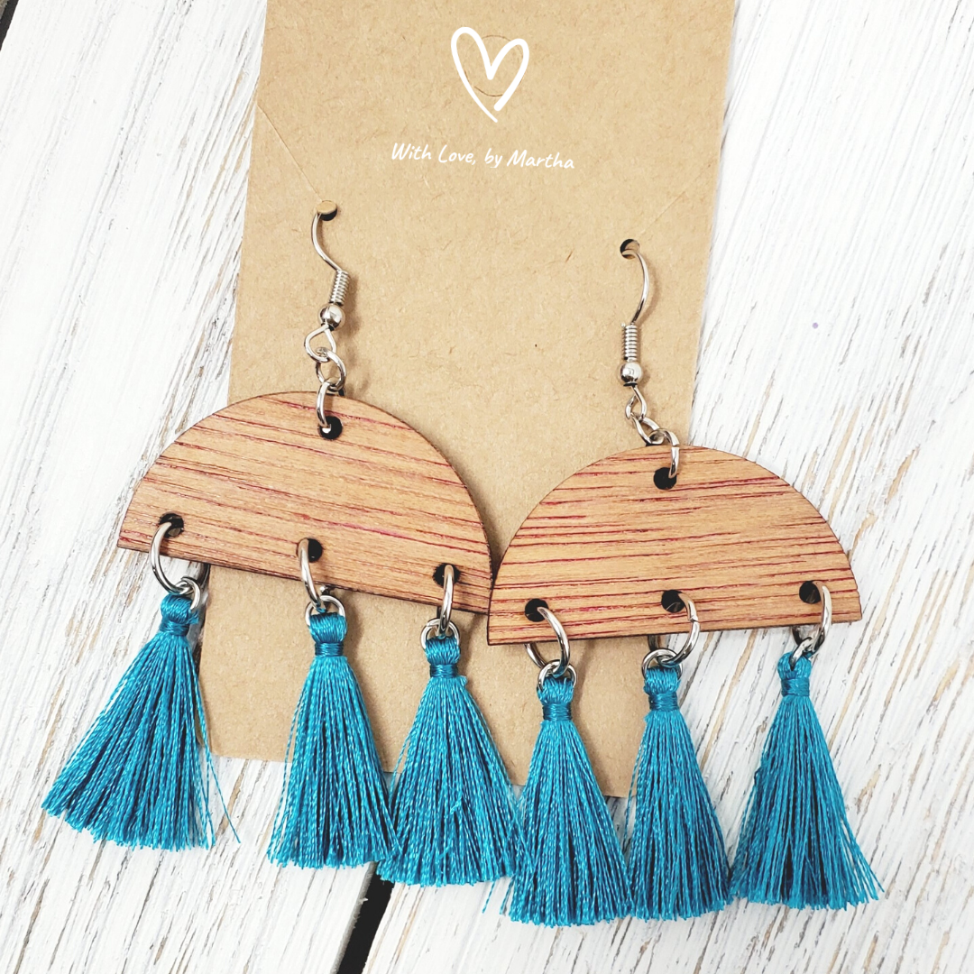 Aqua Fringe tassles wood dangle earrings