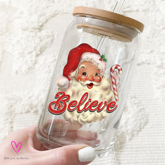 Believe Santa (red) Christmas Glass Cup 16oz