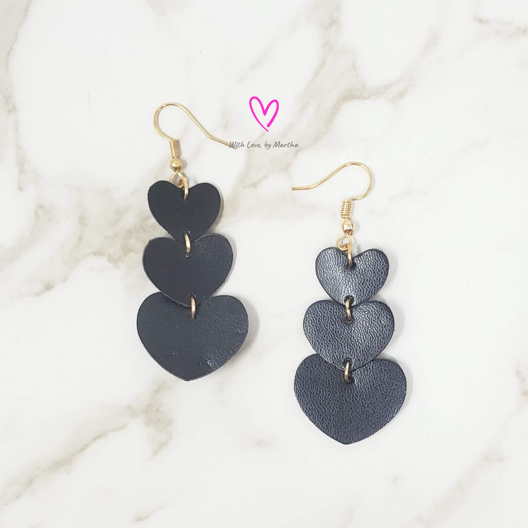 Black vegan leather hearts teardrop earrings