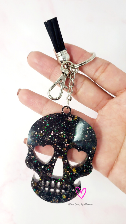 Black Sparkle cute skull 💀 glitter keychain