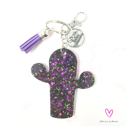 Black with Purple 🌵 Cactus shape glitter keychain w/charm