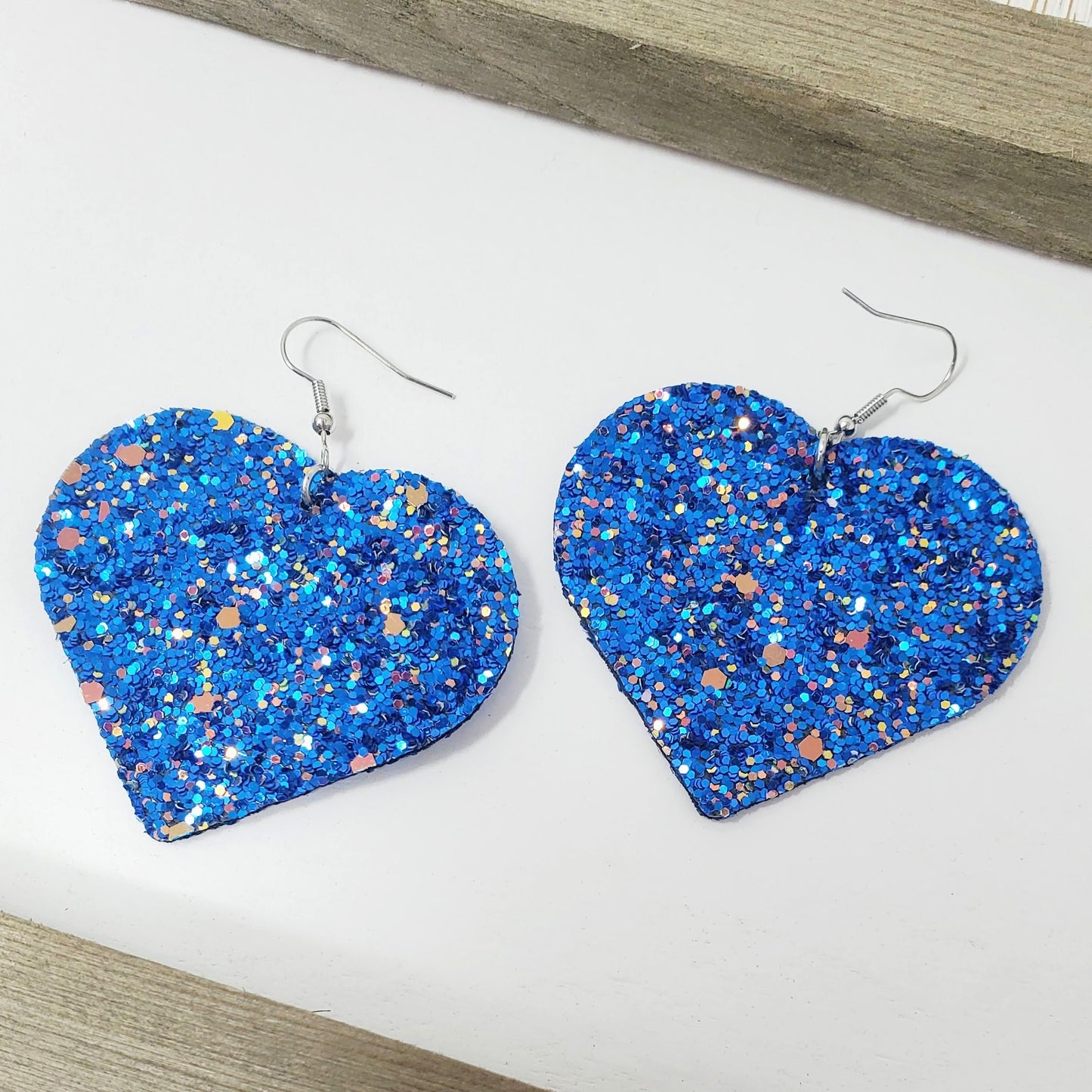 Glittery Hearts Earrings- Cobalt Blue