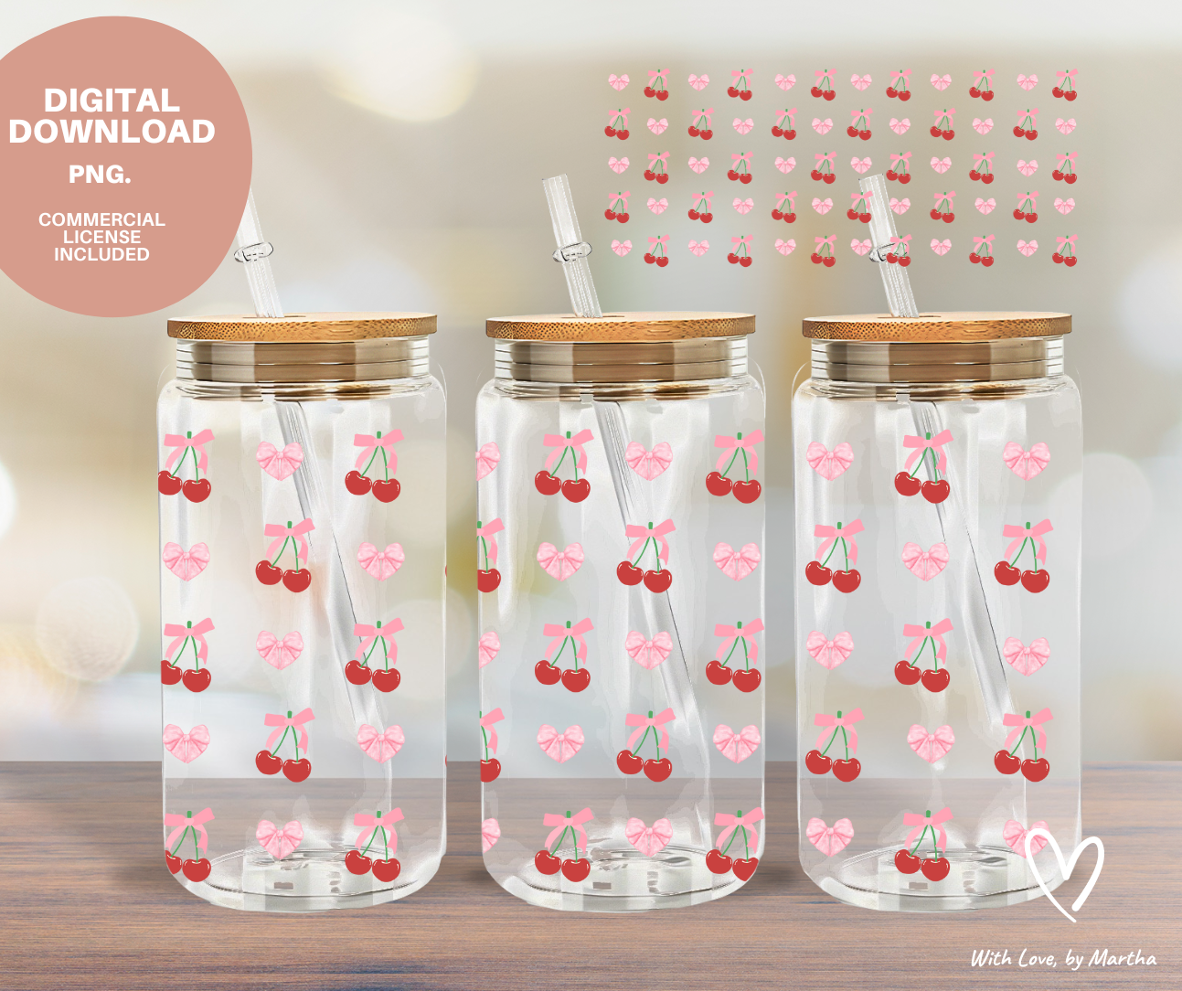Coquette Soft girl cherries and bows 16oz Libbey Glass Can Wrap PNG & SVG- Digital Download