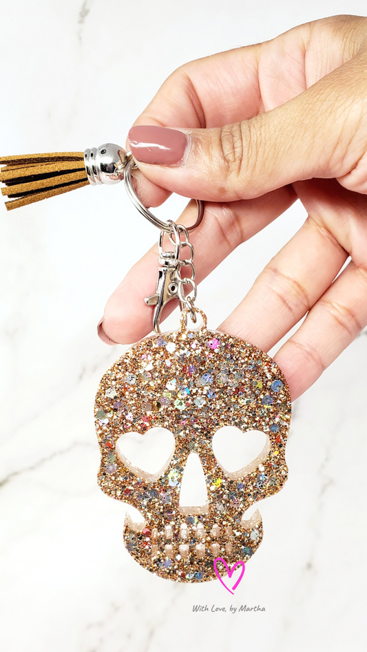 Champagne Gold glitter sugar skull keychain