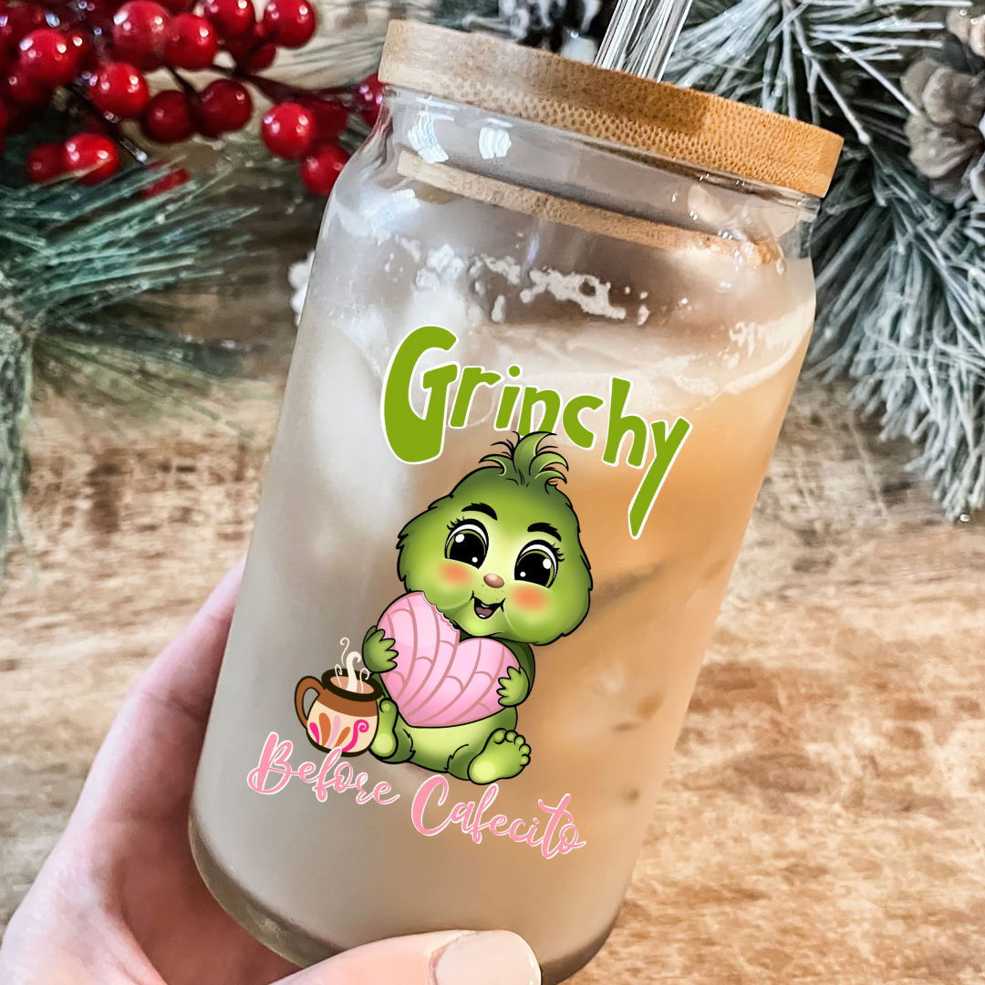 Grinchy Before Cafecito Christmas Glass Cup 16oz