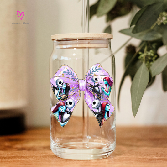 Jack Skellington Bow Glass Cup 16oz