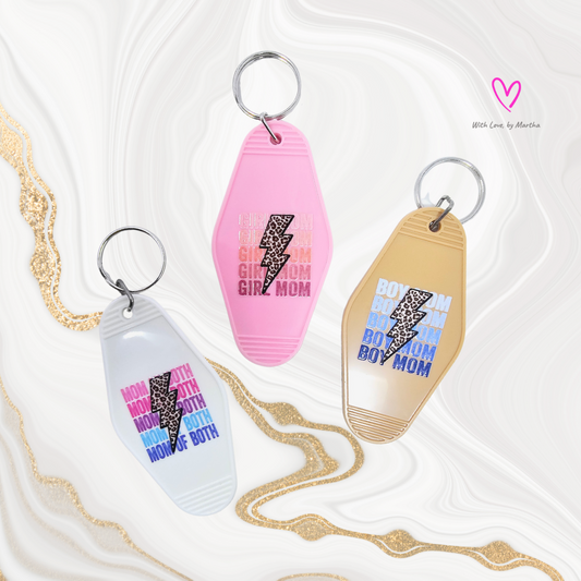 "Boy Mom," "Girl Mom" and "Mom of both"Motel style keychains