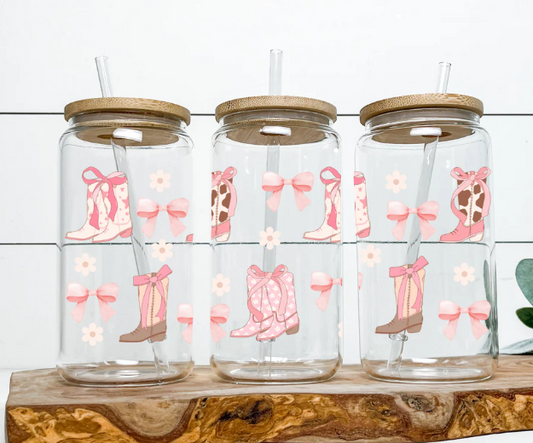 Pink bows and boots Glass cup 16oz