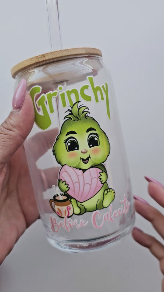 Grinchy Before Cafecito Christmas Glass Cup 16oz