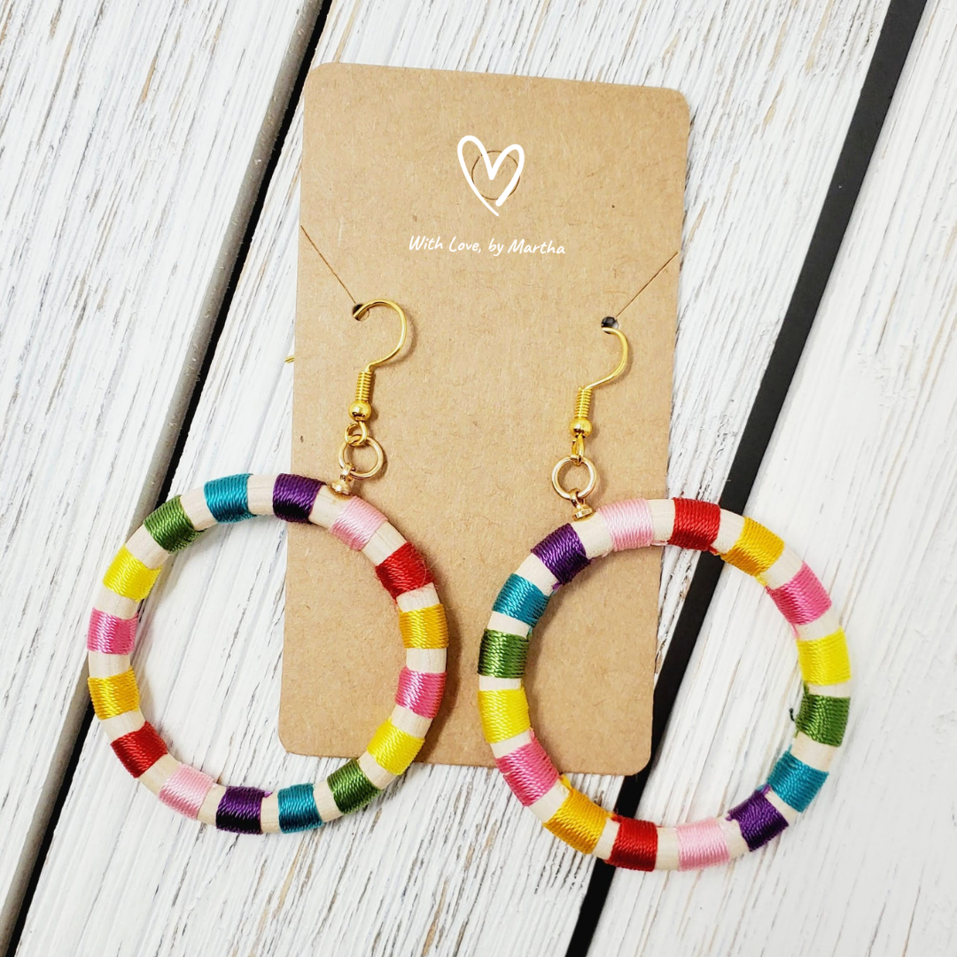 Multicolor String wooden hoop earrings